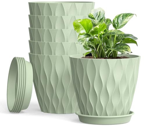 10cm Plant Pots, 6 Pack Plastic Flower Pots with Drainage Holes and Saucers, Indoor Outdoor Planters for Succulent and All House Plants(Light Green)