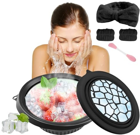 Face Bowl for Ice with Built-In Icetray, Facial Plunge Bowl with Face Wash Headband Wristband Set and Face Mask Brush Applicator, Silicone Ice Facial Foldable Washbasin,Ice Bath for Face (Black)