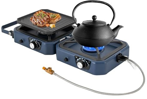 Barbacoa de gas 2 en 1, parrilla de gas de doble quemador, de acero inoxidable, estufa plegable de camping, estufa portátil con sartén y 2 barbacoas
