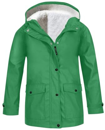 Jungen und Mädchen Regenjacke mit Fleecefutter Wasserdicht Windbreaker Leichte Regenjacken Regenmäntel für Kinder Durchgehender Reißverschluss Kapuzenpullover Oberbekleidung (Green, 3-4 Years)