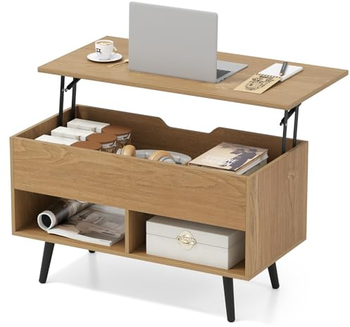 COSTWAY Soffbord höjdjusterbar, soffbord med lyftbar bordsskiva och 2 öppna hyllor, utdragbart vardagsrumsbord, kaffebord av trä för vardagsrum, kontor, 80 x 40 x 46–60 cm (natur)