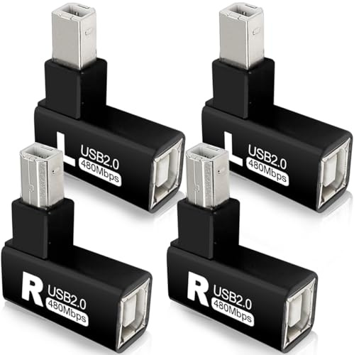 HAAMNING7 Adaptador de impresora USB 2.0 tipo B de 90 grados, 4 unidades, USB 2.0 B macho a tipo B hembra, adaptador de impresora para impresora, escáner, fax (izquierda + derecha)