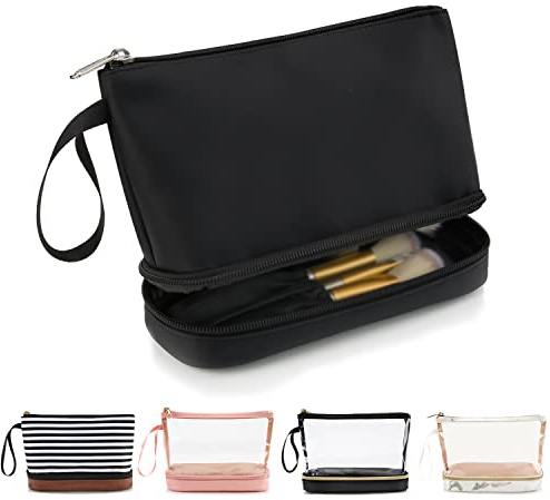 Ethereal Small Makeup Bag, 2 Layers Travel Makeup Bag with Makeup Brush Holder, Cosmetic Bag Black Make up Pouch for Women/Girls