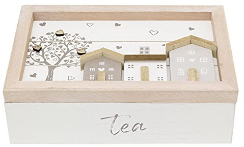 Carousel Home Shabby Chic House Design Wooden Tea Box Caddy 24x16cm | 6 Compartment Tea Bag Storage Box | Kitchen Organiser Tea Case