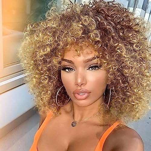 YEESHEDO Peluca Afro Marrón Rubio Brasileño Sintético Rizado Pelo Natural para Mujeres, con Flequillo, Pelucas Cortas para Mujeres Negras