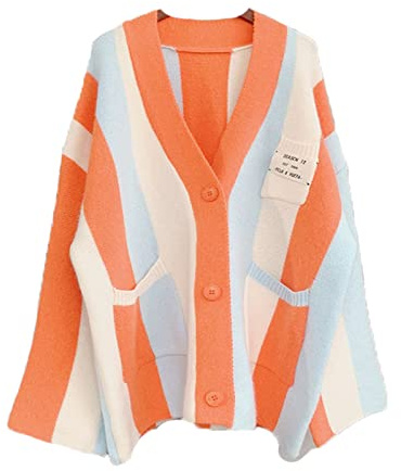 JASCLS Vinter långärmad kabel stickad färgblock boho randig tröja koftor tjock tröja koftor för kvinnor, Regnbåge Orange, M
