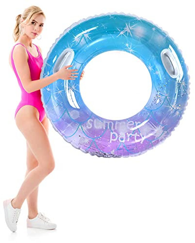 Transparent Floating Ring Rainbow Sequins Swim Ring Swimming Ring Adults with Safy Handle Durable Inflatable Pool Floats Swimming Rings for Summer Pool Party 90cm