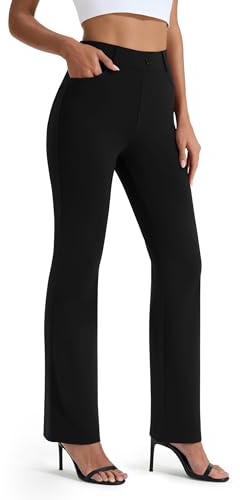 AFITNE Women's Straight Leg Black Work Trousers - Tummy Control Bootcut Yoga Pants for Women, Ladies Workout Office Yoga Work Trousers with 4 Pockets - 31 Inches - Black S