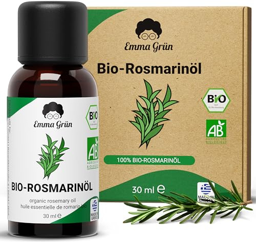 Emma Grün® Bio Rosmarinöl 30ml – 100% naturreines ätherisches Öl – Zertifiziertes Lebensmittel – Rosmarinöl in Lebensmittelqualität – Bio-Qualität aus Griechenland – Vegan