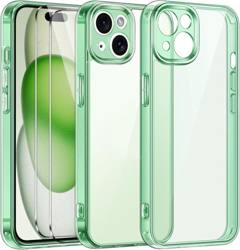 ivoler Clear Case compatible with iPhone 15 6.1 [Long Lasting Clarity] [Military Grade Drop Protection], 1 Case + 2 Glass Screen Protector, Shockproof Protective Hard Slim Cover - Mint Green