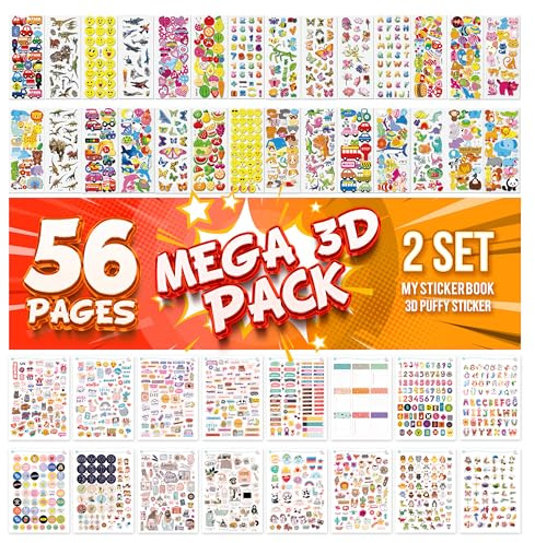 colortouch Lot de 56 feuilles d'autocollants 3D gonflants pour enfants, album de stickers - Bullet Journal, scrapbook, pour tout-petits, adultes, garçons, filles, chiffres, lettres, animaux
