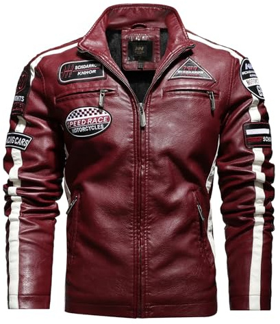 Blouson Moto Homme Veste Cuir Homme Blouson Cuir Moto pour Homme Imperméable et Coupe-vent Plusieurs Poches en Similicuir PU Veste Vintage À Fermeture Éclair Veste (Rouge,L)
