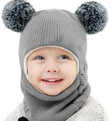 Casenly Kinder Wintermütze, 3 in 1 Schalmütze Warme Schalmütze Niedliche Baby Schlupfmütze Beanies Kapuze mit Doppelpom Pom Winddichte für Mädchen und Jungen, Gray