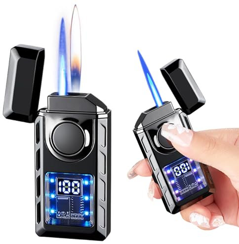 WIYETY Metall Smart Doppelflammenfeuerzeug, Feuerzeug mit Zwei Flammen aus Metall mit Sichtbarer Luftkammer, Aufblasbares Sturmfeuerzeug Winddichtes, Geeignet für Geschenk, Schwarz