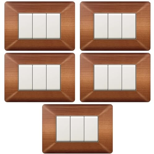 Fabriqué en Italie – Lot de 5 plaques compatibles avec Bticino Matix, 3 places/modules, couleur bois clair, en technopolymère, design moderne, haute qualité, série civile pour interrupteurs et prises