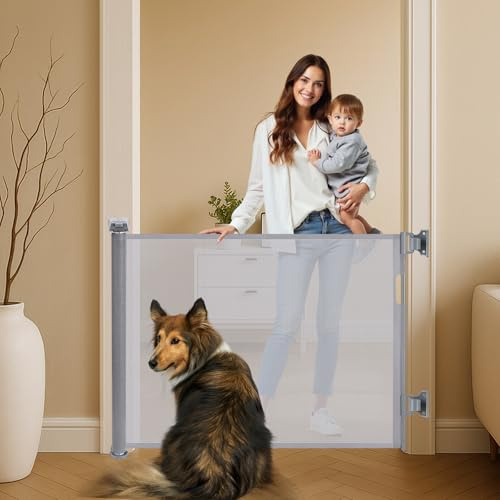 Barrière de Sécurité Rétractable, 150 cm de Large x 86 cm de Haut, pour Escaliers et Chiens, Blanc (Gris, 150CM)