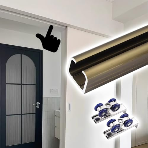 herrajes puertas correderas Kit de Riel para Puerta Corrediza de Alta Resistencia, Juego de Rieles Silenciosos para Puerta de Armario, Herrajes de 2 mm Grosor, Fácil Instalar.(Champagne,140cm/55.1in)