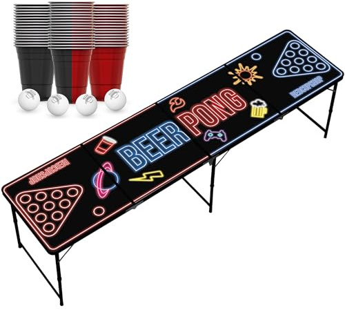 RedCupShop® Beer Pong Tisch „LED“ | Klappbarer Bierpongtisch mit offizieller Turniergröße (240x60x70 cm) | Tragbar, wasserabweisend & Kratzfest | mit Bechern & Bällen