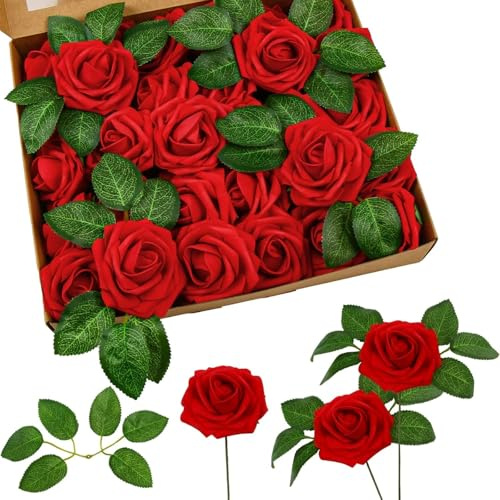 SULOLI 25 Pezzi Rose Artificiali, Rose Rosse Finte Sfuse con Stelo per Bouquet da Sposa, Compleanno, Matrimonio, Anniversario, San Valentino