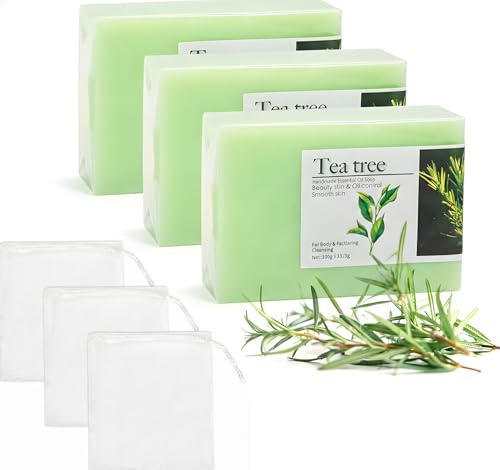 3 saponette al tea tree con retine per la schiuma – Sapone naturale all'olio di tea tree per la pulizia di viso, corpo e mani, con profumo fresco.