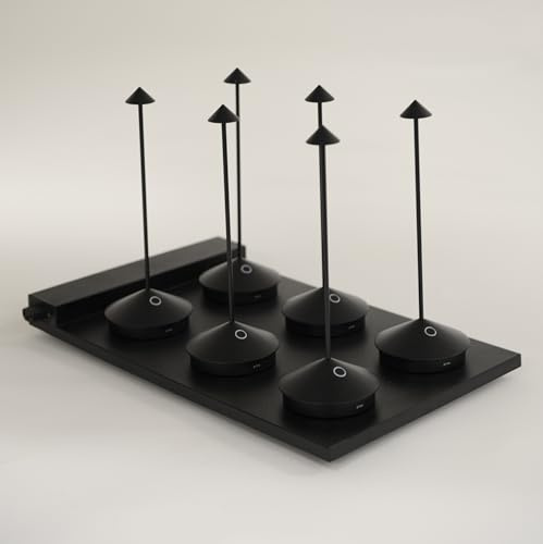 Zafferano Pina Pro Cordless LED Table Lamps (6 Pack) with Multi-Charging Station, Dimming, Rechargeable Battery, IP54 Outdoor, 2200-3000 K, Height 11.4 Inches, Hospitality Lighting (Black)