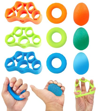 NYVOR 9 Pièces Entraîneur de Main Doigts: 3*Étireurs de Doigts+3*Cercles d'Exercice+3*Boules d'Entraînement, Exerciceur de Préhension Poignées Doigts, Renforcer Force pour Grimper Jouer Piano Guitare