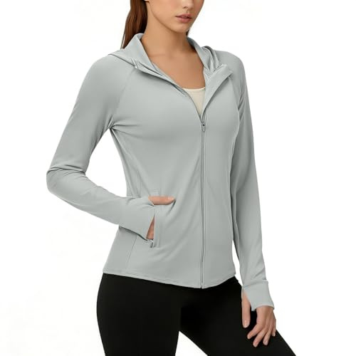 Rash Guard da Donna,Maglietta Camicia Sportiva da Donna Protezione UVF 50+ Corsa Maglietta Leggera e Traspirante Felpa Funzionale ad Asciugatura Rapida Pullover Escursionismo con Cappuccio Rash Guard