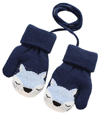 ITODA Guanti per bambini e neonati, con cordicella e volpe, lavorati a maglia, invernali, caldi, spessi, in cashmere, con animale, per bambini da 1 a 4 anni