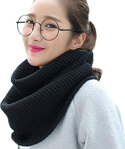 YONKOUNY Winter Schal Damen Warme Schlauchschal Einfarbig Strick Loop Schal Nackenwärmer Halswärmer Rundschal (Schwarz)