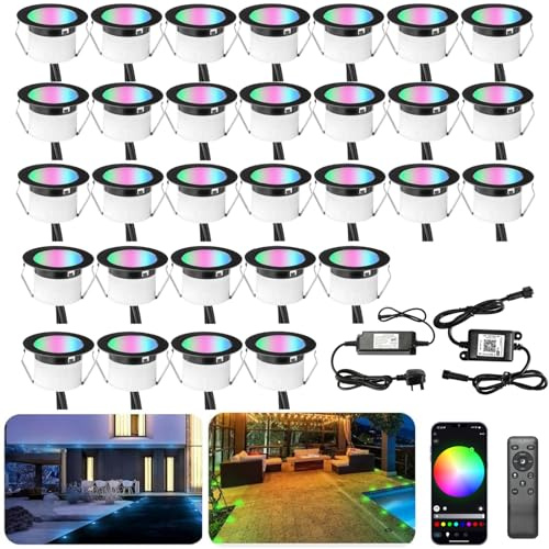 INDARUN RGBW WiFi Led Decking Lights Waterproof IP67 Ø45MM 12V - Bluetooth Led Plinth Lights for Terrace/Patio/Path/Wall/Garden/Decoration, 30 Packs