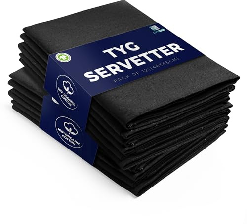 LivinEase bomullsservetter Set med 12-100% ekologisk bomull 46 x 46 cm Återanvändbara överdimensionerade svarta middagsservetter - tung vikt hotellkvalitet rent bomullstyg (svart)