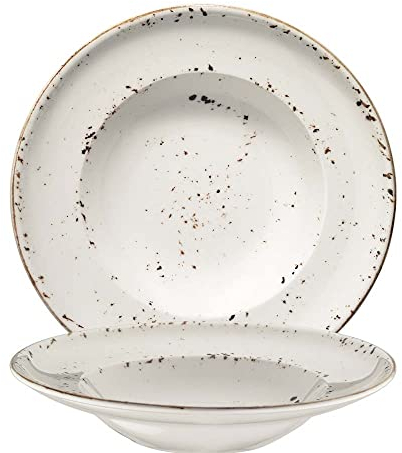 Lot de 6 assiettes à soupe, assiettes à pâtes, assiettes à salade, assiettes profondes, 27 cm, 45 cl, crème, blanc, marron, porcelaine, rondes, bonna grain gourmet, protection des bords vintage, rétro