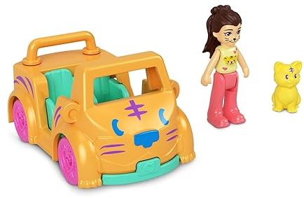 Polly Pocket Mikro-Mini-Fahrzeug aus Metall, bewegliche Puppe und Haustier-Set – Kerstie Kitty mit Kätzchen, orangefarbenem Cabrio-Auto und gelbem Kätzchen-Sidekick-Spielset