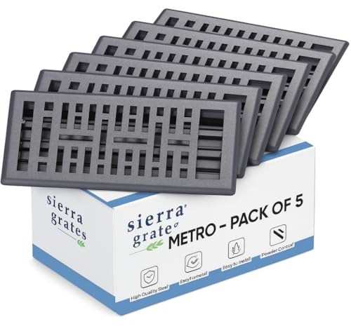 Sierra Grates 4x10 Metal Floor Register Vent Cover, Metro Design Grey Finish, Decorative Steel HVAC Air Vent Grille, Durable Heavy Duty Floor Vent for Home, Easy Install, 5 Pack