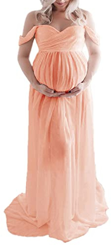Loalirando Robe de Grossesse Shooting Photo en Mousseline de Soie Léger, Robe de Maternité Maxi-Longue Epaule Dénudée pour la Photographie