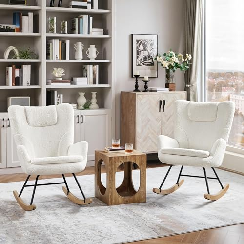 Yaheetech Schaukelstuhl 2er Set mit Klappbarer Rückenlehne, Gepolsterter Schwingsessel bis 136 kg belastbar, Schaukelsessel fürs Wohnzimmer/Schlafzimmer/Balkon, Relaxstuhl Weiß