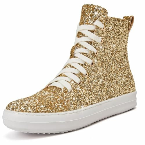 UBWDU Damen High Top Glitzer Tennis Sneaker Plateau Sneaker mit Reißverschluss Strass Bling Hochzeit Brautschuhe Glänzende Pailletten Schuhe, Gold, 35 EU