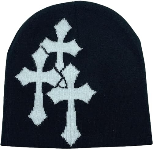 Y2K Dark Cross Wool Hat - Fashion Cross Pattern Loose Pile Knit Hat for Cold Weather - Autumn and Winter