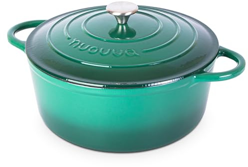 Nuovva Enamelled Cast Iron Dutch Oven Pot with Lid – 7.3 Quart Casserole Dish – Ceramic Dutch Oven for Bread Baking, Roasting, Braising & Stews – Oven Safe up to 500°F – 30cm Dark Green