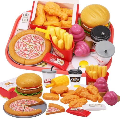 40 Pieces Play Food Toys, Kids Kitchen Hamburger Fast Food Playset for Age 3+ Boy Girls Kids Children Kitchen