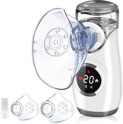 Wholede Inhalationsgerät Digitale, Inhaliergerät für Baby Kinder Erwachsene, Vernebler Inhalator mit Countdown zur Zerstäubung, Leise Tragbarer Inhalator mit 2 Maske und Mundstück- Grau