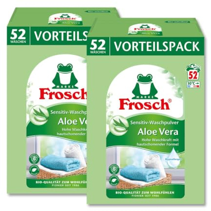 FROSCH Sensitiv-Waschpulver Aloe Vera Doppelpack für 104 Waschladungen | hautschonenende Formel bei weißen und farbigen Textilienfür hohe Waschkraft von weißen und farbigen Textilien von 30 bis 95°C