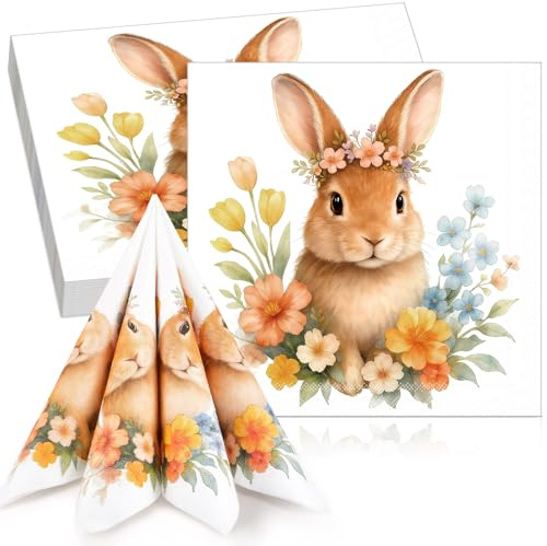 Tenare 50 Piezas Servilletas de Papel para Pascua 33 x 33 cm Servilletas Conejo Desechables Decorativas Decoración de Mesa para Fiestas Invitados Cumpleaños Primavera Pascua