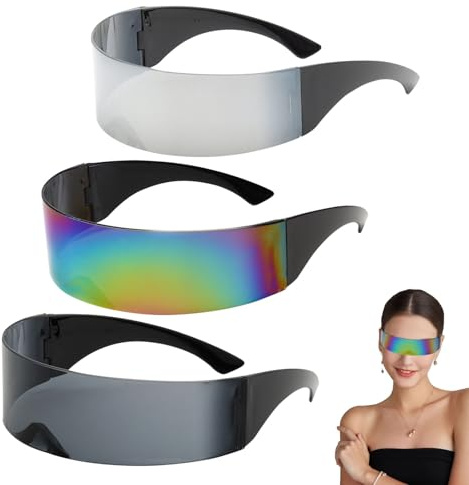 FOSDICK 3 Pièces Lunette Futuriste, Lunettes de Soleil Futuristes, Rave Glasses, Lunette de Soleil Cyberpunk, Lunettes Techno pour Bar, Fête Anniversairet, Soirée Folie, Cosplay (Argent, Noir, Coloré)