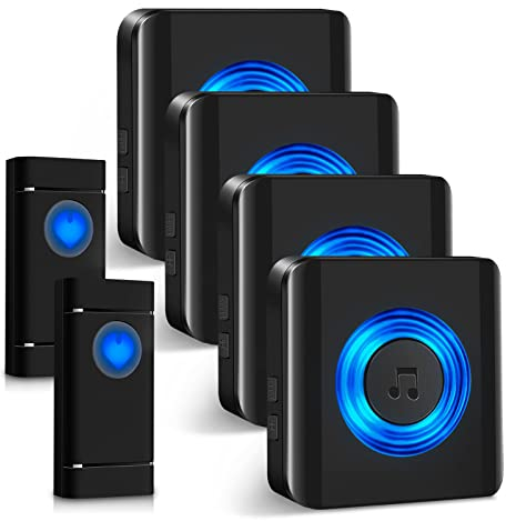 Sonnette Sans Fil 4 Recepteurs, Satisure 1300ft Sonnette de Porte Kit de Carillon Electronique, 58 Mélodies extérieure étanche IP55 pour Maison, Bureau, Hôtel (2 émetteurs et 4 récepteurs)