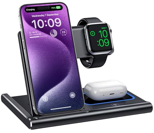 Charging Station,EXW 3 in 1 Wireless Charging Station for iPhone 17/16/15/14/13/12/11/XR/X/8,Fast Wireless Charging Stand for Airpods Pro/3/2 and Apple Watch（No Plug Included)