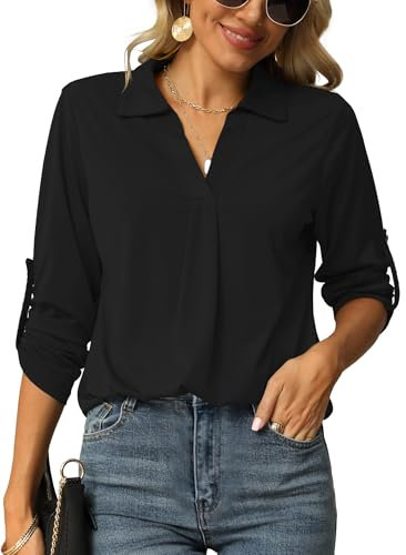Odosalii Blouses for Women Smart Petite Black Summer Tops 3/4 Sleeve Lightweight Chiffon Shirts Holiday Essentials Workwear T Shirts Size 8-10