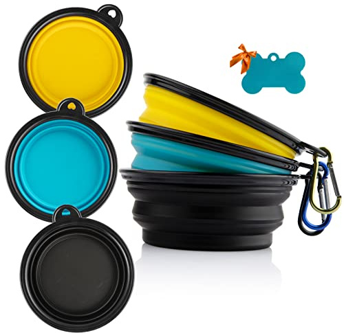 MXZONE 3 Collapsible Silicone Dog Bowl, Foldable Expandable Cup Dish for Small Pet Cat Food Water Feeding Portable Travel Bowl, Free Pet ID-Tag, Yellow Blue Black, S