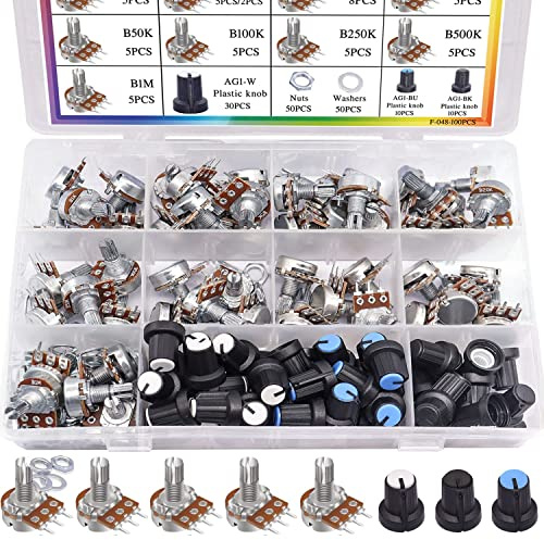 Taiss 100Stück Potentiometer Kit B1K B5K 10K 20K 50K 100K 250K 500K 1M Ohm Linear Taper Drehpotentiometer B Type Potentiometer with Nuts, Washers and 3 Different Colors of Aluminum Alloy Knopf F048