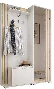 mb-moebel Garderobe mit Spiegel Flurgarderobe Garderobenschrank Kompaktgarderobe Dielenschrank Garderobe Set Regal Diele & Flur Kleiderschrank Schuhschrank 135x197x34 cm John, Weiß und Artisan